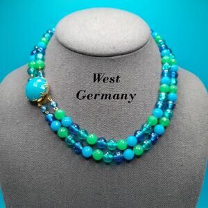Vintage West Germany Blue Green Necklace, Mid-Century, Acrylic Beads, 16 In